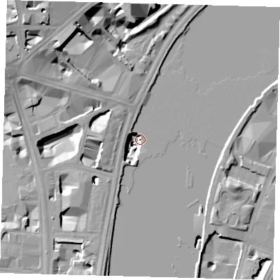 Shaded relief map of the ground around SW1A2HR, computed from Environment Agency LiDAR. The ground here sits at about 2 m above sea level and falls 25 m across the surrounding 800 m. Surface water reaching this point runs off ground lying to the south-south-west, 16.3 m higher.