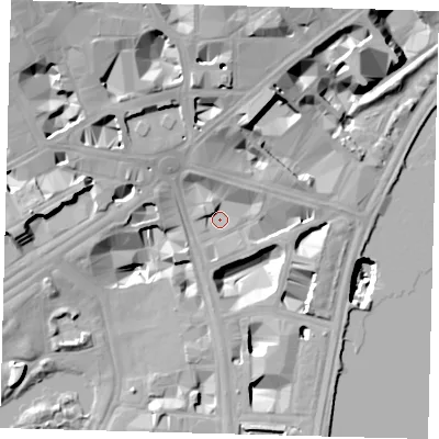 Shaded relief map of the ground around SW1A2HW, computed from Environment Agency LiDAR. The ground here sits at about 4 m above sea level and falls 29 m across the surrounding 800 m. Surface water reaching this point runs off ground lying to the north-north-west, 16.3 m higher.