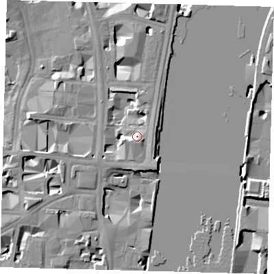 Shaded relief map of the ground around SW1A2HZ, computed from Environment Agency LiDAR. The ground here sits at about 7 m above sea level and falls 14 m across the surrounding 800 m. Surface water reaching this point runs off ground lying to the south-south-east, 3.1 m higher.
