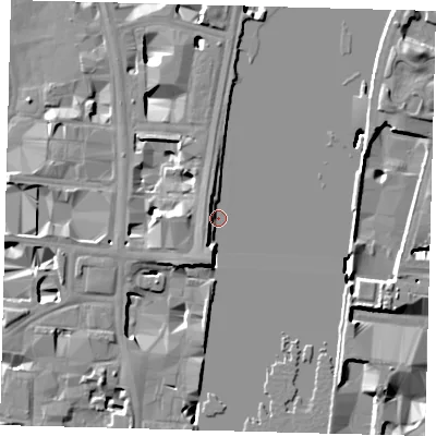 Shaded relief map of the ground around SW1A2JH, computed from Environment Agency LiDAR. The ground here sits at about 3 m above sea level and falls 11 m across the surrounding 800 m. Surface water reaching this point runs off ground lying to the south, 10.7 m higher.