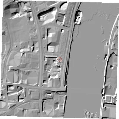 Shaded relief map of the ground around SW1A2JL, computed from Environment Agency LiDAR. The ground here sits at about 5 m above sea level and falls 19 m across the surrounding 800 m. Surface water reaching this point runs off ground lying to the south-south-west, 7.6 m higher.