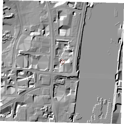 Shaded relief map of the ground around SW1A2JN, computed from Environment Agency LiDAR. The ground here sits at about 5 m above sea level and falls 12 m across the surrounding 800 m. Surface water reaching this point runs off ground lying to the south-east, 7.0 m higher.