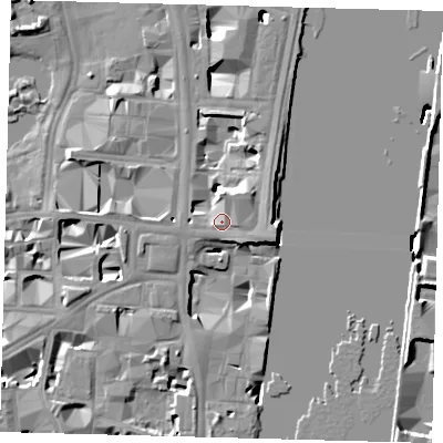 Shaded relief map of the ground around SW1A2JR, computed from Environment Agency LiDAR. The ground here sits at about 6 m above sea level and falls 11 m across the surrounding 800 m. Surface water reaching this point runs off ground lying to the north, 2.3 m higher.