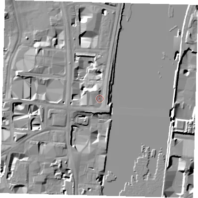 Shaded relief map of the ground around SW1A2LW, computed from Environment Agency LiDAR. The ground here sits at about 7 m above sea level and falls 11 m across the surrounding 800 m. Surface water reaching this point runs off ground lying to the south-east, 1.5 m higher.