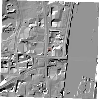Shaded relief map of the ground around SW1A2LZ, computed from Environment Agency LiDAR. The ground here sits at about 5 m above sea level and falls 11 m across the surrounding 800 m. Surface water reaching this point runs off ground lying to the east, 7.0 m higher.