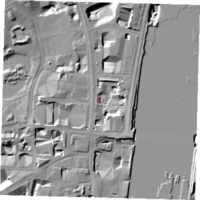 Shaded relief map of the ground around SW1A2NG, computed from Environment Agency LiDAR. The ground here sits at about 3 m above sea level and falls 19 m across the surrounding 800 m. Surface water reaching this point runs off ground lying to the south-south-east, 7.6 m higher.