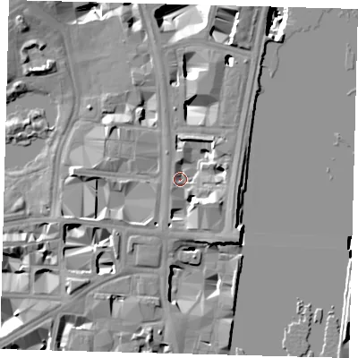 Shaded relief map of the ground around SW1A2NH, computed from Environment Agency LiDAR. The ground here sits at about 4 m above sea level and falls 19 m across the surrounding 800 m. Surface water reaching this point runs off ground lying to the south-east, 7.6 m higher.