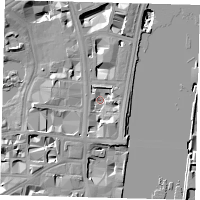 Shaded relief map of the ground around SW1A2NJ, computed from Environment Agency LiDAR. The ground here sits at about 3 m above sea level and falls 19 m across the surrounding 800 m. Surface water reaching this point runs off ground lying to the south, 7.6 m higher.