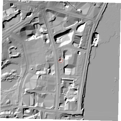Shaded relief map of the ground around SW1A2NP, computed from Environment Agency LiDAR. The ground here sits at about 3 m above sea level and falls 22 m across the surrounding 800 m. Surface water reaching this point runs off ground lying to the south, 10.0 m higher.
