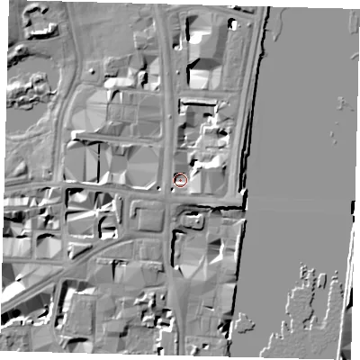 Shaded relief map of the ground around SW1A2NU, computed from Environment Agency LiDAR. The ground here sits at about 4 m above sea level and falls 11 m across the surrounding 800 m. Surface water reaching this point runs off ground lying to the east-north-east, 7.0 m higher.