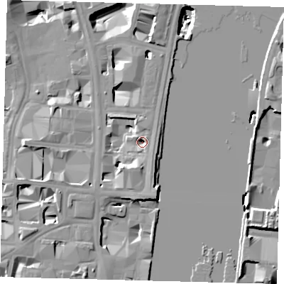Shaded relief map of the ground around SW1A2TT, computed from Environment Agency LiDAR. The ground here sits at about 3 m above sea level and falls 19 m across the surrounding 800 m. Surface water reaching this point runs off ground lying to the east-north-east, 3.8 m higher.