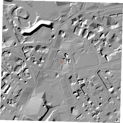 Shaded relief map of the ground around SW1E5BX, computed from Environment Agency LiDAR. The ground here sits at about 4 m above sea level and falls 19 m across the surrounding 800 m. Surface water reaching this point runs off ground lying to the north-west, 19.4 m higher.