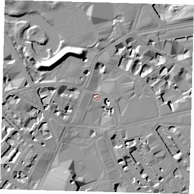 Shaded relief map of the ground around SW1E5BY, computed from Environment Agency LiDAR. The ground here sits at about 5 m above sea level and falls 19 m across the surrounding 800 m. Surface water reaching this point runs off ground lying to the west-north-west, 19.4 m higher.