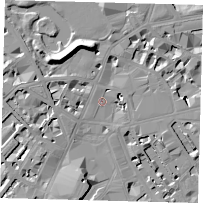 Shaded relief map of the ground around SW1E5DJ, computed from Environment Agency LiDAR. The ground here sits at about 4 m above sea level and falls 19 m across the surrounding 800 m. Surface water reaching this point runs off ground lying to the north-west, 19.4 m higher.