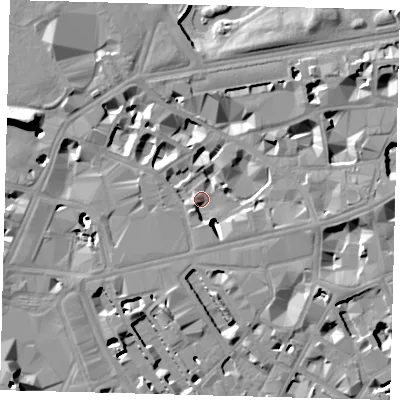 Shaded relief map of the ground around SW1E5HJ, computed from Environment Agency LiDAR. The ground here sits at about 4 m above sea level and falls 18 m across the surrounding 800 m. Surface water reaching this point runs off ground lying to the south-south-west, 7.7 m higher.