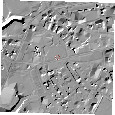 Shaded relief map of the ground around SW1E5JL, computed from Environment Agency LiDAR. The ground here sits at about 5 m above sea level and falls 19 m across the surrounding 800 m. The ground contributing surface water to this point lies to the west.