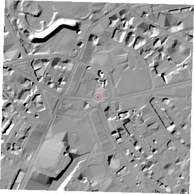 Shaded relief map of the ground around SW1E5LA, computed from Environment Agency LiDAR. The ground here sits at about 4 m above sea level and falls 19 m across the surrounding 800 m. Surface water reaching this point runs off ground lying to the north-west, 19.4 m higher.