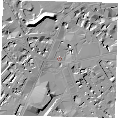 Shaded relief map of the ground around SW1E5LB, computed from Environment Agency LiDAR. The ground here sits at about 4 m above sea level and falls 19 m across the surrounding 800 m. Surface water reaching this point runs off ground lying to the west-north-west, 5.7 m higher.
