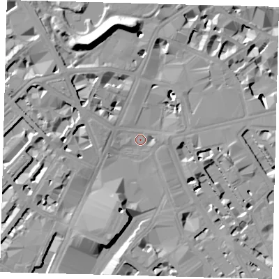 Shaded relief map of the ground around SW1E5ND, computed from Environment Agency LiDAR. The ground here sits at about 4 m above sea level and falls 19 m across the surrounding 800 m. Surface water reaching this point runs off ground lying to the west-north-west, 2.3 m higher.