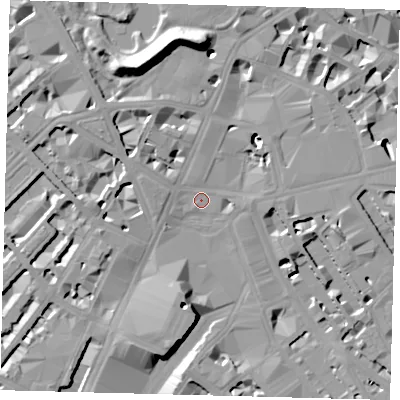 Shaded relief map of the ground around SW1E5NE, computed from Environment Agency LiDAR. The ground here sits at about 4 m above sea level and falls 19 m across the surrounding 800 m. Surface water reaching this point runs off ground lying to the north-west, 3.7 m higher.