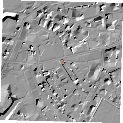 Shaded relief map of the ground around SW1E5NH, computed from Environment Agency LiDAR. The ground here sits at about 5 m above sea level and falls 18 m across the surrounding 800 m. Surface water reaching this point runs off ground lying to the south-south-east, 2.6 m higher.