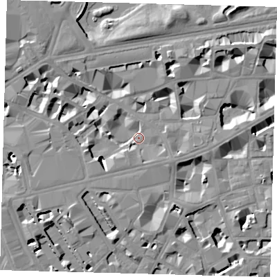 Shaded relief map of the ground around SW1E6AB, computed from Environment Agency LiDAR. The ground here sits at about 4 m above sea level and falls 11 m across the surrounding 800 m. Surface water reaching this point runs off ground lying to the west-south-west, 7.0 m higher.
