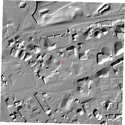 Shaded relief map of the ground around SW1E6AE, computed from Environment Agency LiDAR. The ground here sits at about 4 m above sea level and falls 12 m across the surrounding 800 m. Surface water reaching this point runs off ground lying to the south-west, 7.3 m higher.
