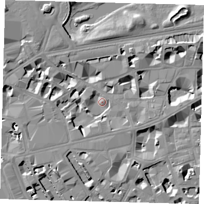 Shaded relief map of the ground around SW1E6AF, computed from Environment Agency LiDAR. The ground here sits at about 3 m above sea level and falls 12 m across the surrounding 800 m. Surface water reaching this point runs off ground lying to the west-south-west, 7.7 m higher.