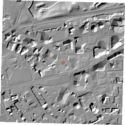 Shaded relief map of the ground around SW1E6AJ, computed from Environment Agency LiDAR. The ground here sits at about 4 m above sea level and falls 10 m across the surrounding 800 m. Surface water reaching this point runs off ground lying to the west-south-west, 1.9 m higher.