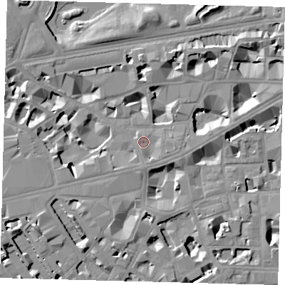 Shaded relief map of the ground around SW1E6AS, computed from Environment Agency LiDAR. The ground here sits at about 4 m above sea level and falls 10 m across the surrounding 800 m. Surface water reaching this point runs off ground lying to the east-south-east, 3.2 m higher.
