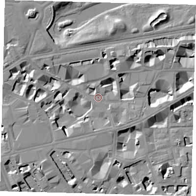 Shaded relief map of the ground around SW1E6AU, computed from Environment Agency LiDAR. The ground here sits at about 4 m above sea level and falls 10 m across the surrounding 800 m. Surface water reaching this point runs off ground lying to the north-north-west, 4.0 m higher.