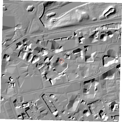 Shaded relief map of the ground around SW1E6BS, computed from Environment Agency LiDAR. The ground here sits at about 2 m above sea level and falls 12 m across the surrounding 800 m. Surface water reaching this point runs off ground lying to the west-south-west, 7.9 m higher.