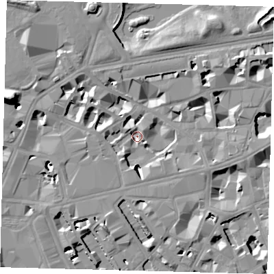 Shaded relief map of the ground around SW1E6DR, computed from Environment Agency LiDAR. The ground here sits at about 2 m above sea level and falls 18 m across the surrounding 800 m. Surface water reaching this point runs off ground lying to the west, 7.9 m higher.