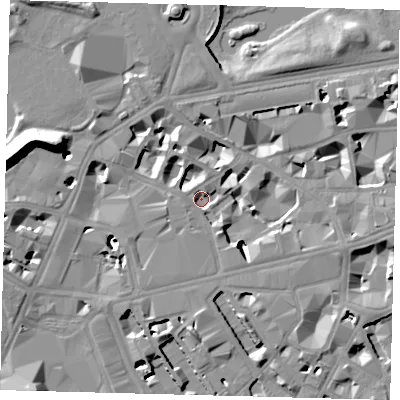 Shaded relief map of the ground around SW1E6DW, computed from Environment Agency LiDAR. The ground here sits at about 3 m above sea level and falls 19 m across the surrounding 800 m. Surface water reaching this point runs off ground lying to the west-south-west, 1.5 m higher.