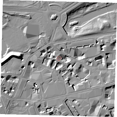 Shaded relief map of the ground around SW1E6DY, computed from Environment Agency LiDAR. The ground here sits at about 5 m above sea level and falls 19 m across the surrounding 800 m. Surface water reaching this point runs off ground lying to the west, 5.4 m higher.