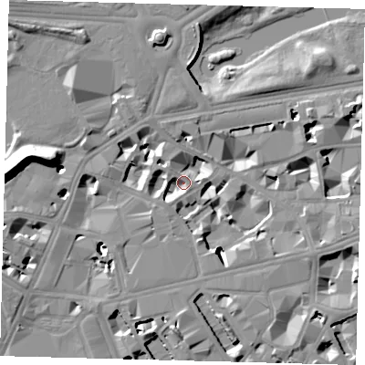 Shaded relief map of the ground around SW1E6HL, computed from Environment Agency LiDAR. The ground here sits at about 4 m above sea level and falls 19 m across the surrounding 800 m. Surface water reaching this point runs off ground lying to the south-west, 7.9 m higher.