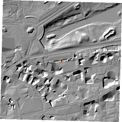 Shaded relief map of the ground around SW1E6HQ, computed from Environment Agency LiDAR. The ground here sits at about 5 m above sea level and falls 12 m across the surrounding 800 m. Surface water reaching this point runs off ground lying to the west-north-west, 0.9 m higher.