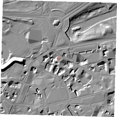 Shaded relief map of the ground around SW1E6LB, computed from Environment Agency LiDAR. The ground here sits at about 5 m above sea level and falls 19 m across the surrounding 800 m. Surface water reaching this point runs off ground lying to the west, 15.6 m higher.