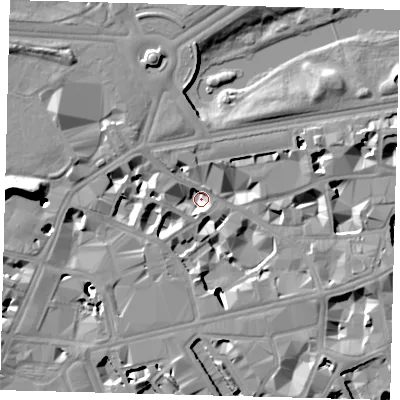 Shaded relief map of the ground around SW1E6NF, computed from Environment Agency LiDAR. The ground here sits at about 1 m above sea level and falls 18 m across the surrounding 800 m. Surface water reaching this point runs off ground lying to the west, 16.5 m higher.