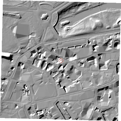 Shaded relief map of the ground around SW1E6NN, computed from Environment Agency LiDAR. The ground here sits at about 3 m above sea level and falls 18 m across the surrounding 800 m. Surface water reaching this point runs off ground lying to the west, 16.5 m higher.