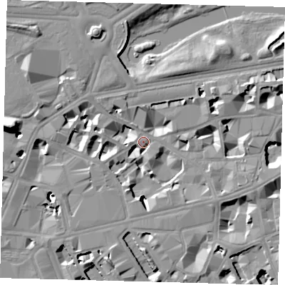 Shaded relief map of the ground around SW1E6PA, computed from Environment Agency LiDAR. The ground here sits at about 4 m above sea level and falls 18 m across the surrounding 800 m. Surface water reaching this point runs off ground lying to the west-south-west, 7.9 m higher.