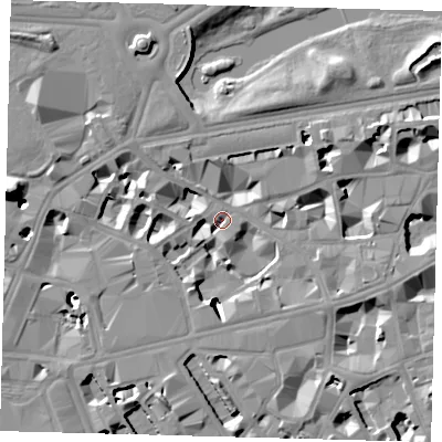 Shaded relief map of the ground around SW1E6PB, computed from Environment Agency LiDAR. The ground here sits at about 3 m above sea level and falls 18 m across the surrounding 800 m. Surface water reaching this point runs off ground lying to the west-south-west, 7.9 m higher.