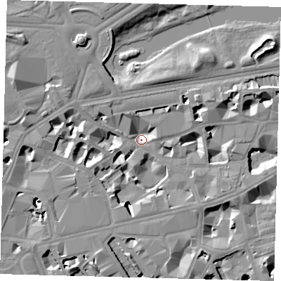 Shaded relief map of the ground around SW1E6PD, computed from Environment Agency LiDAR. The ground here sits at about 2 m above sea level and falls 12 m across the surrounding 800 m. Surface water reaching this point runs off ground lying to the west-south-west, 7.9 m higher.