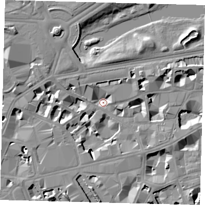 Shaded relief map of the ground around SW1E6PE, computed from Environment Agency LiDAR. The ground here sits at about 2 m above sea level and falls 12 m across the surrounding 800 m. Surface water reaching this point runs off ground lying to the west-south-west, 7.9 m higher.