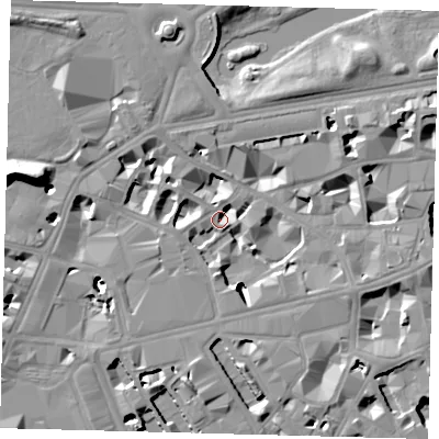 Shaded relief map of the ground around SW1E6PR, computed from Environment Agency LiDAR. The ground here sits at about 4 m above sea level and falls 18 m across the surrounding 800 m. Surface water reaching this point runs off ground lying to the west-south-west, 7.9 m higher.