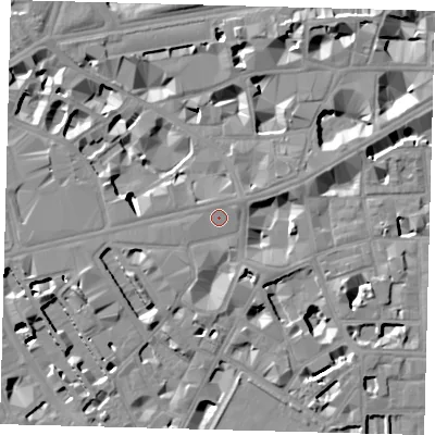 Shaded relief map of the ground around SW1E6QT, computed from Environment Agency LiDAR. The ground here sits at about 5 m above sea level and falls 9 m across the surrounding 800 m. Surface water reaching this point runs off ground lying to the west-south-west, 1.5 m higher.