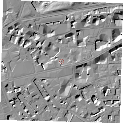 Shaded relief map of the ground around SW1E6QW, computed from Environment Agency LiDAR. The ground here sits at about 4 m above sea level and falls 10 m across the surrounding 800 m. Surface water reaching this point runs off ground lying to the west, 1.9 m higher.