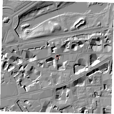 Shaded relief map of the ground around SW1H0AA, computed from Environment Agency LiDAR. The ground here sits at about 3 m above sea level and falls 10 m across the surrounding 800 m. Surface water reaching this point runs off ground lying to the west-south-west, 7.9 m higher.