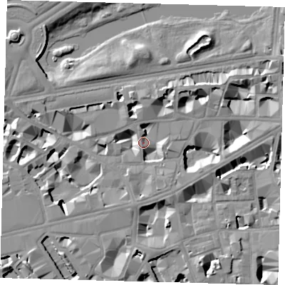Shaded relief map of the ground around SW1H0AD, computed from Environment Agency LiDAR. The ground here sits at about 4 m above sea level and falls 10 m across the surrounding 800 m. Surface water reaching this point runs off ground lying to the west-south-west, 7.9 m higher.