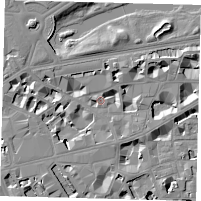 Shaded relief map of the ground around SW1H0AG, computed from Environment Agency LiDAR. The ground here sits at about 4 m above sea level and falls 10 m across the surrounding 800 m. Surface water reaching this point runs off ground lying to the west-north-west, 4.0 m higher.